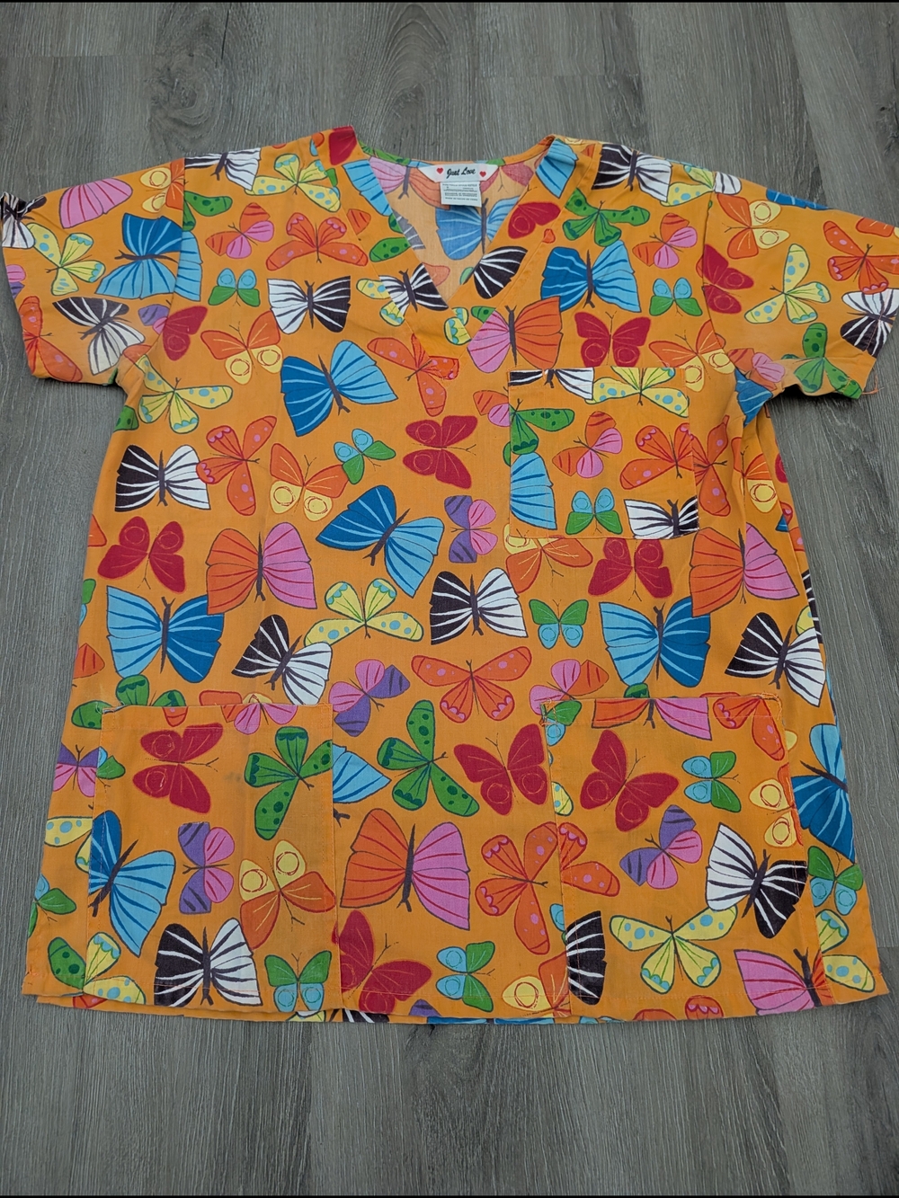 Just Love Orange Butterfly Print Scrub Top
